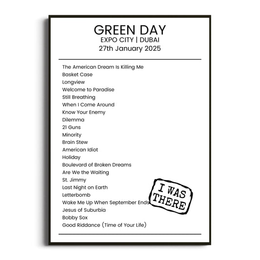 Green Day Dubai 27 January 2025 Setlist Poster