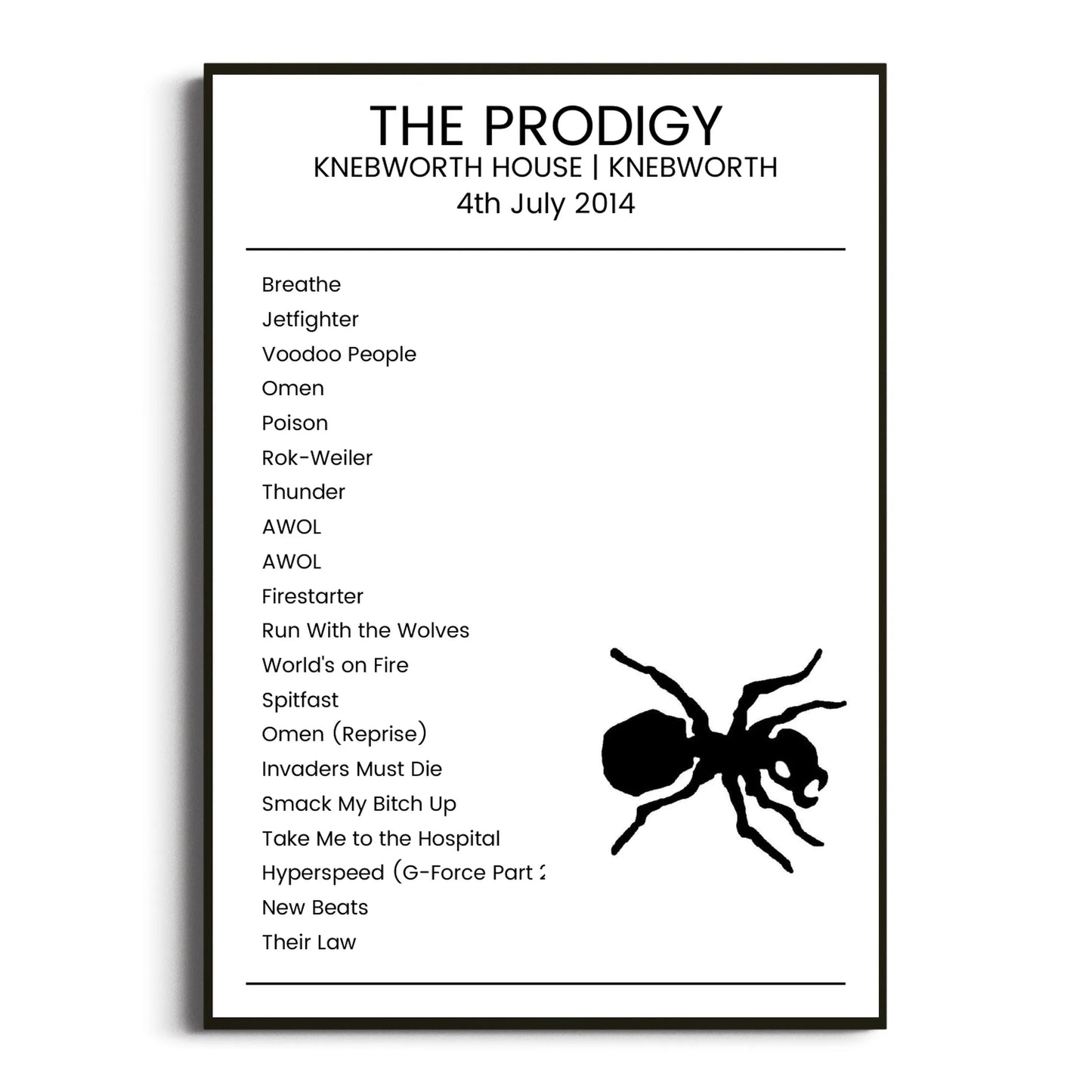 The Prodigy Knebworth 04 July 2014 Setlist Poster