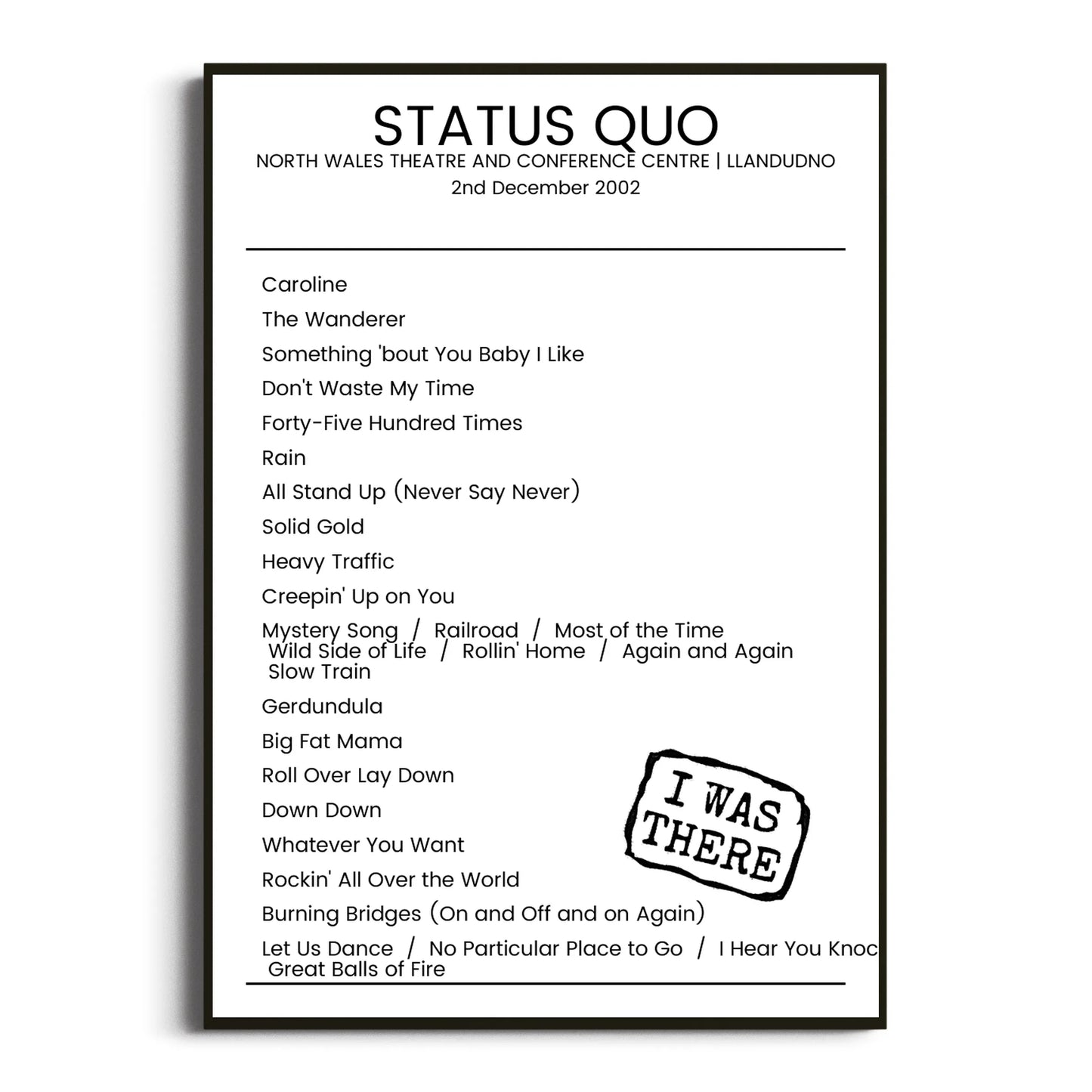 Status Quo Llandudno 02 December 2002 Setlist Poster