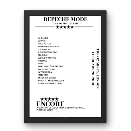 Depeche Mode The O2 Arena London 20 February 2010 Setlist Poster - Setlist