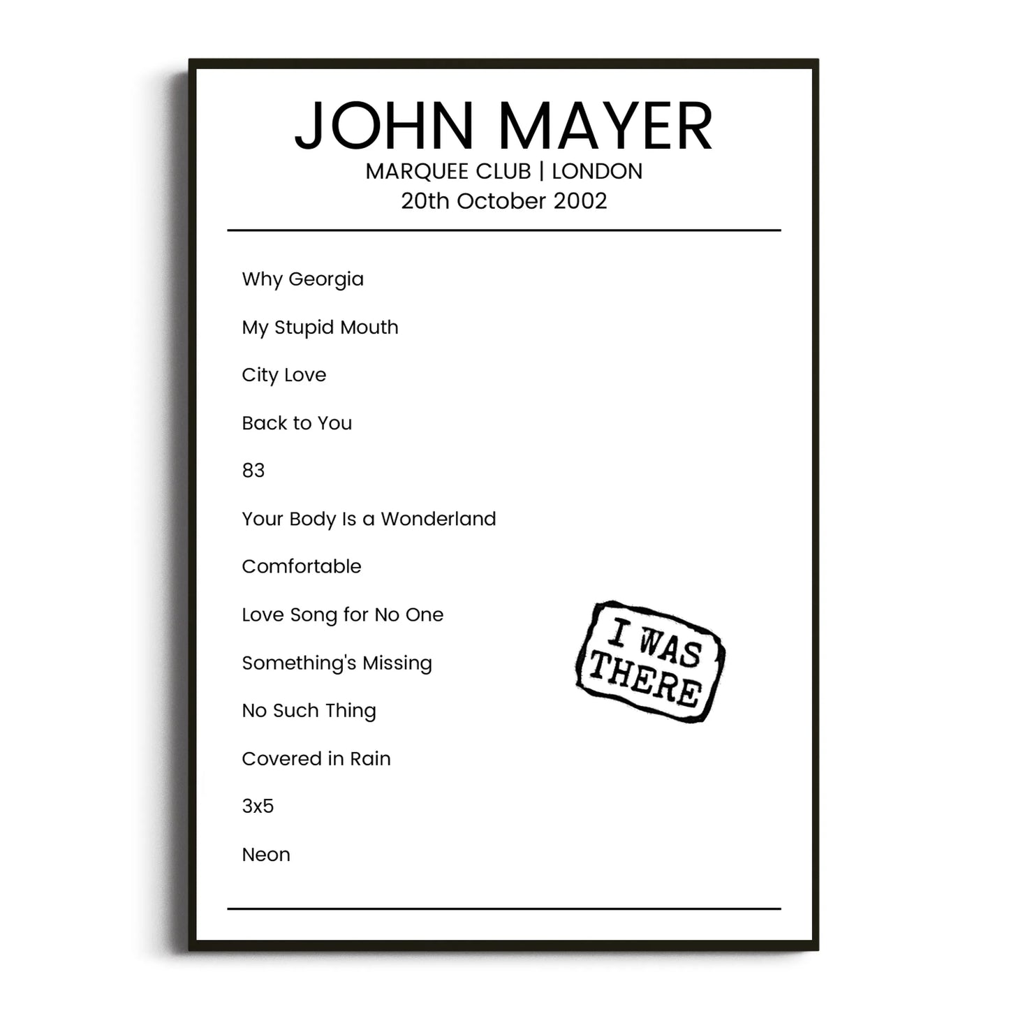 John Mayer London 20 October 2002 Setlist Poster