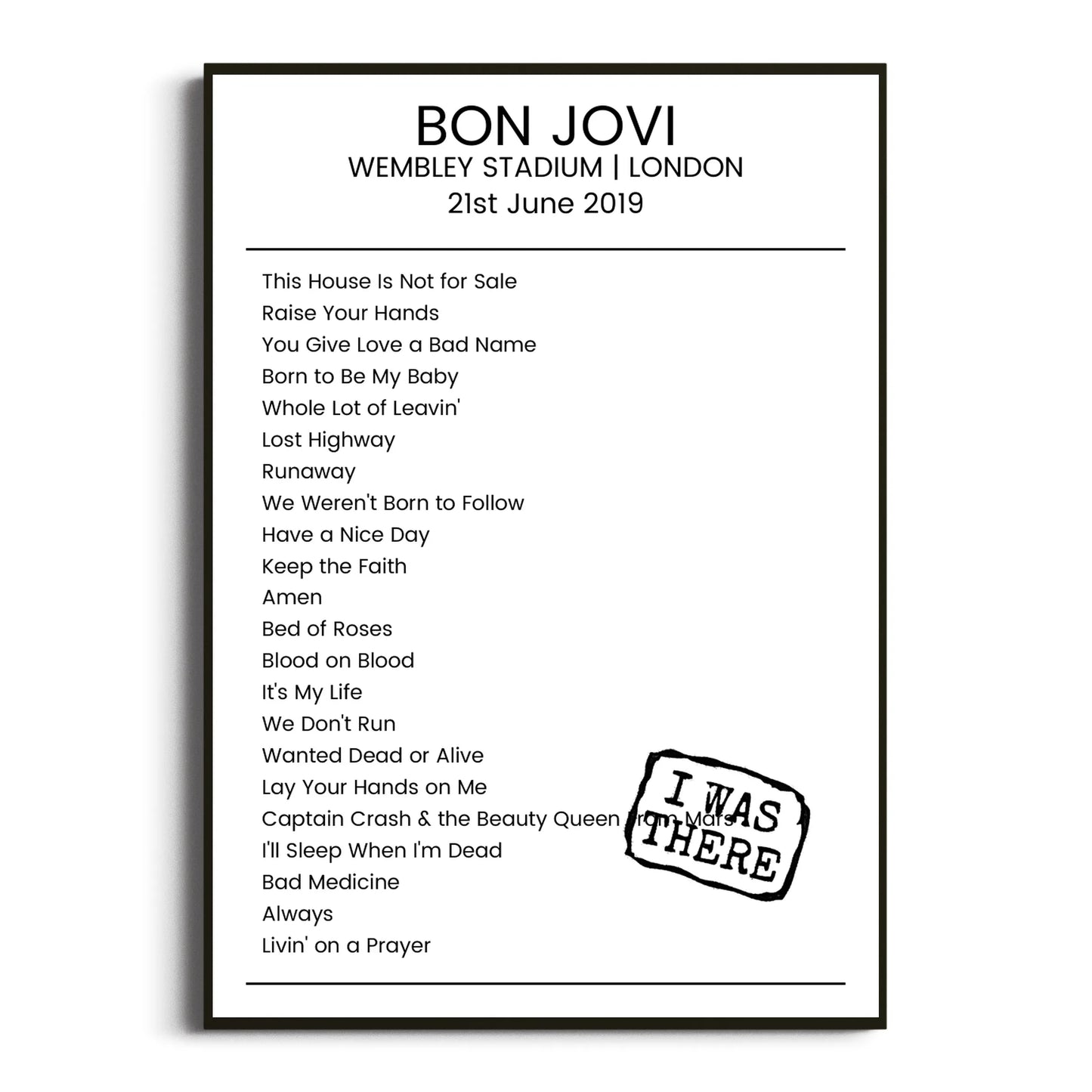 Bon Jovi London 21 June 2019 Setlist Poster