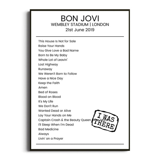 Bon Jovi London 21 June 2019 Setlist Poster