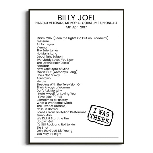 Billy Joel Uniondale 05 April 2017 Setlist Poster