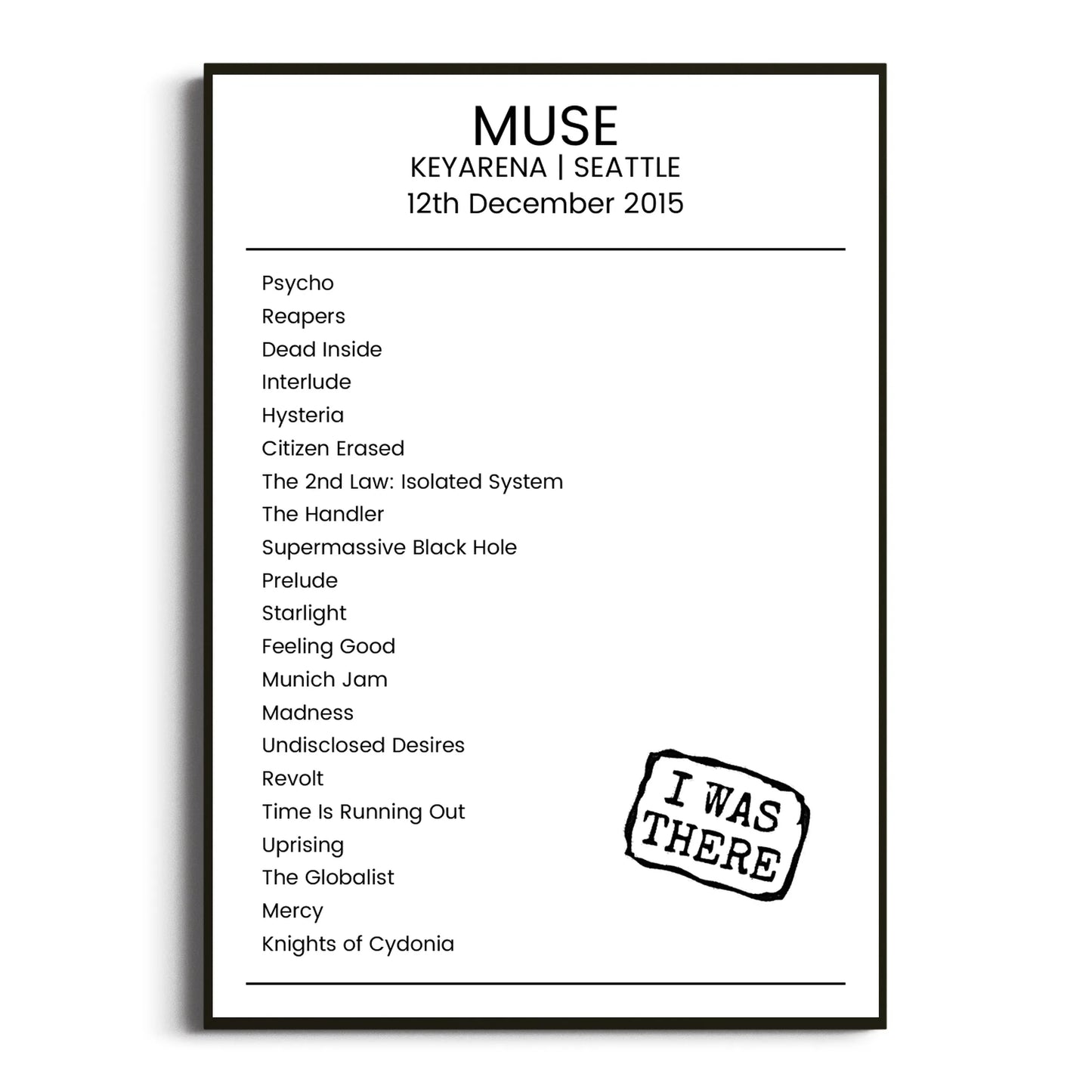 Muse Seattle 12 December 2015 Setlist Poster