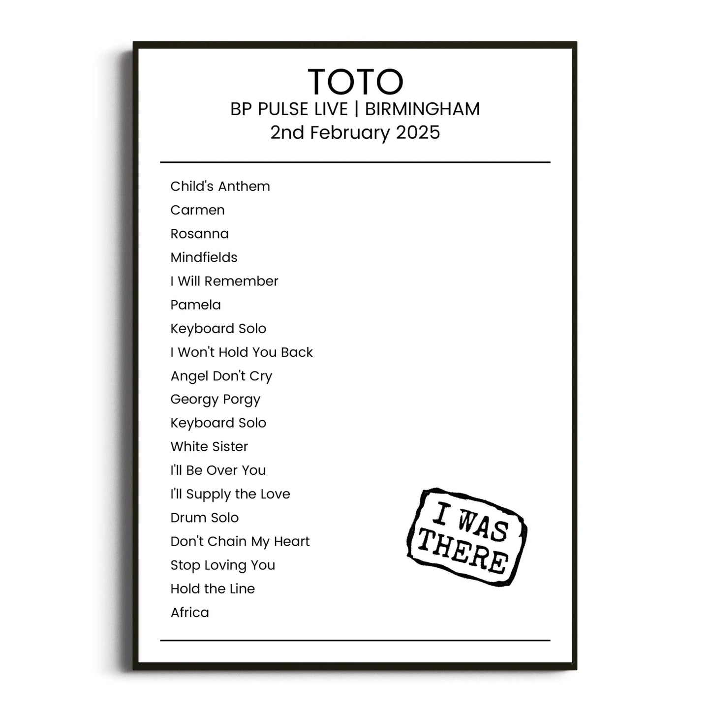 Toto Birmingham 02 February 2025 Setlist Poster