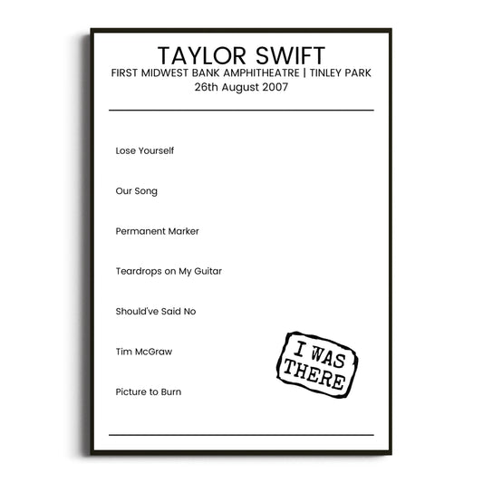 Taylor Swift Tinley Park 26 August 2007 Setlist Poster