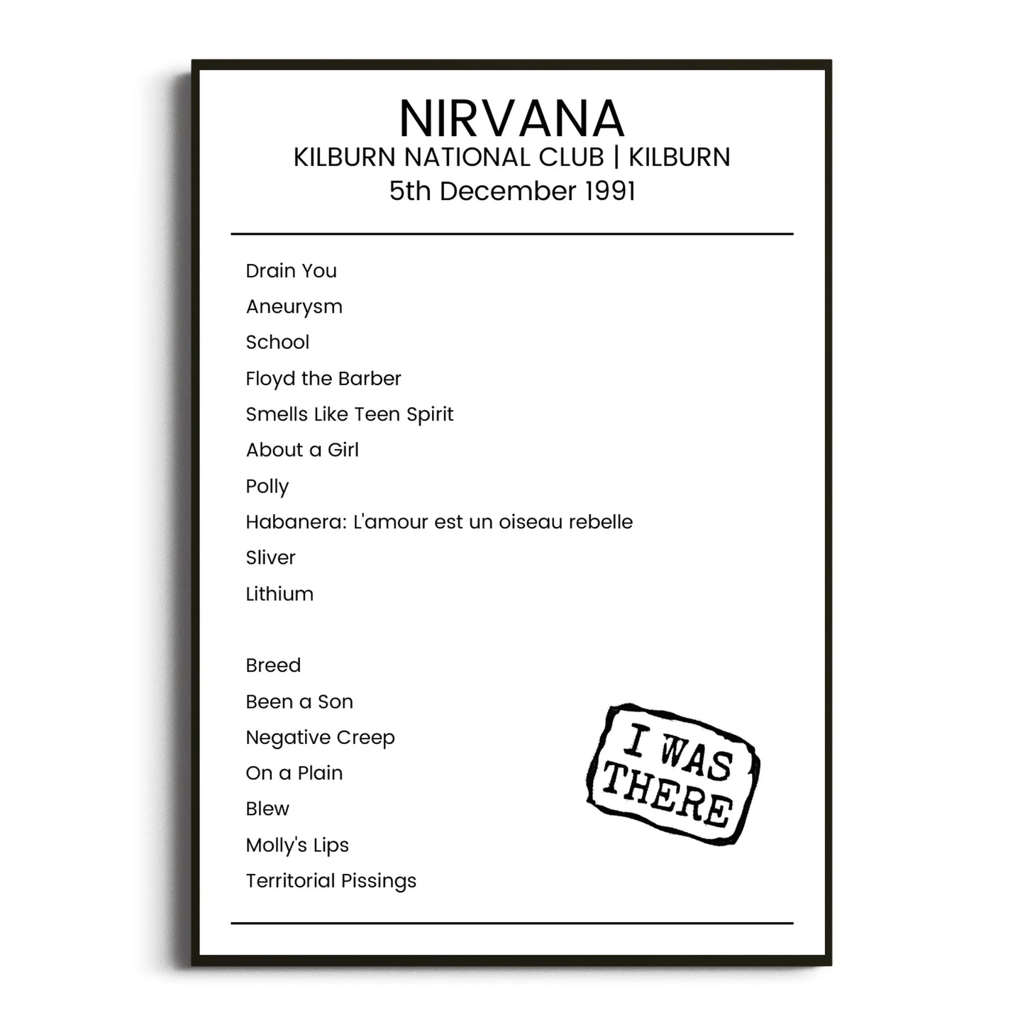 Nirvana Kilburn 05 December 1991 Setlist Poster