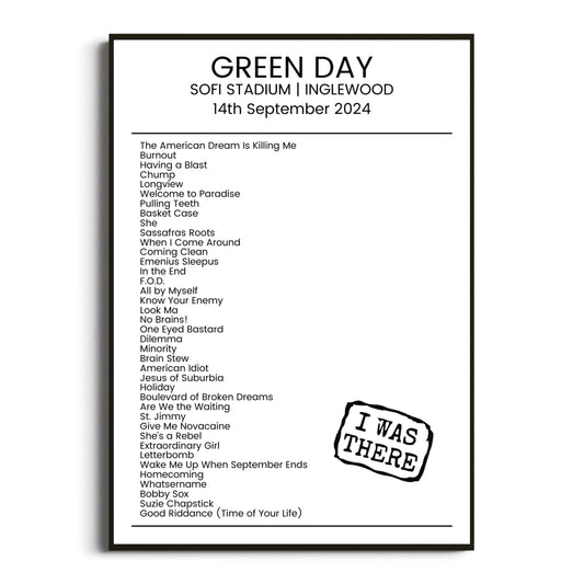 Green Day Inglewood 14 September 2024 Setlist Poster