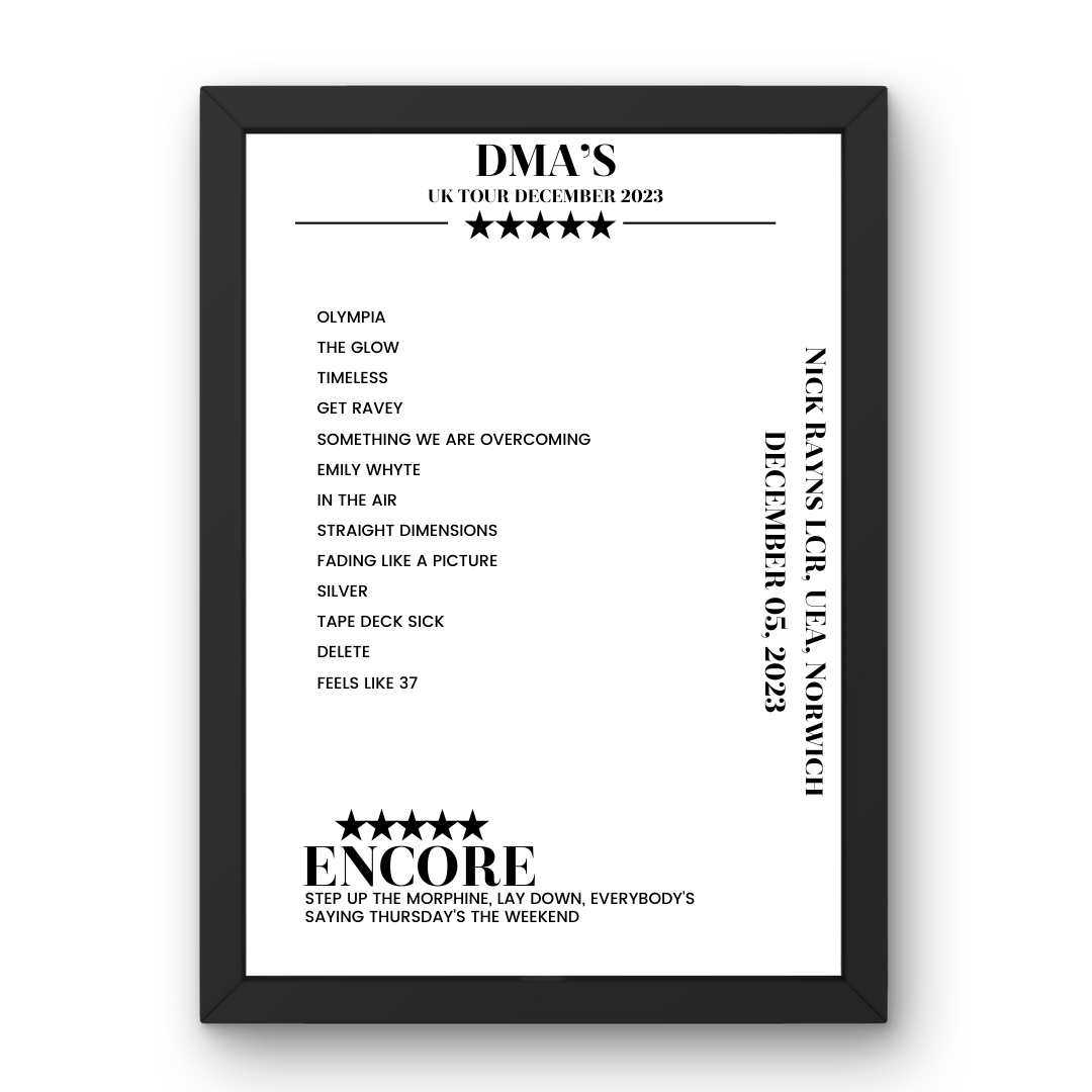 DMA’s December 05, 2023 Nick Rayns LCR, UEA Norwich Setlist Poster - Setlist