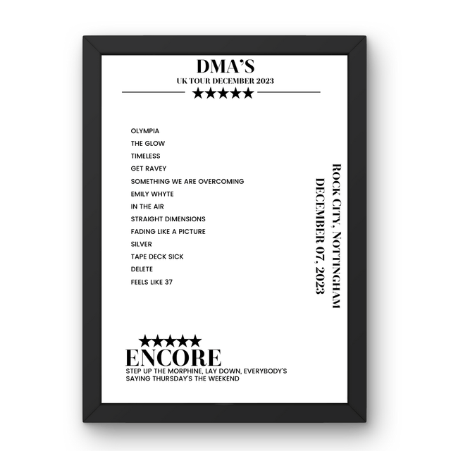 DMA’s December 07, 2023 Rock City Nottingham Setlist Poster - Setlist