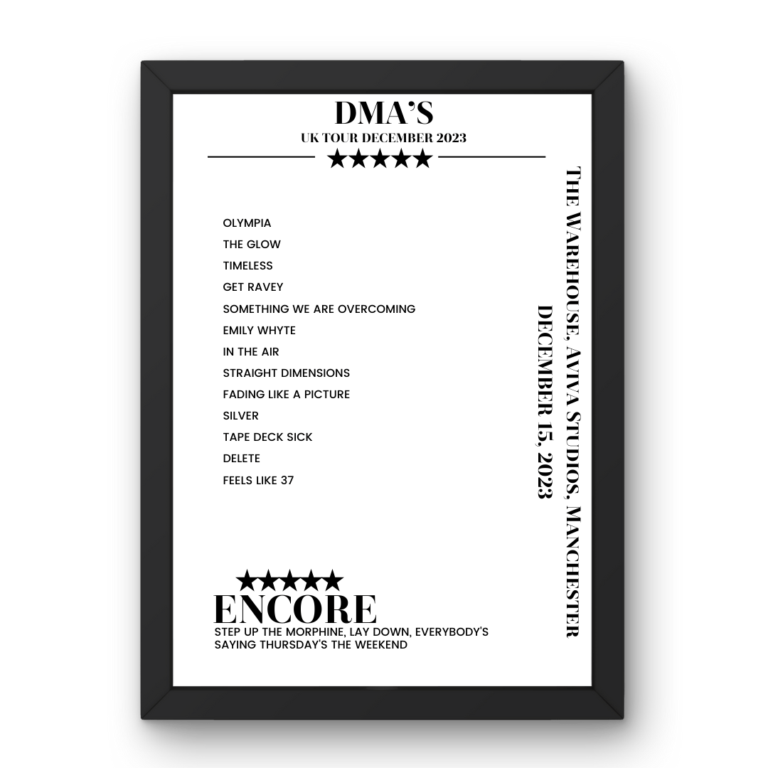 DMA’s December 15, 2023 The Warehouse, Aviva Studios Manchester Setlist Poster - Setlist