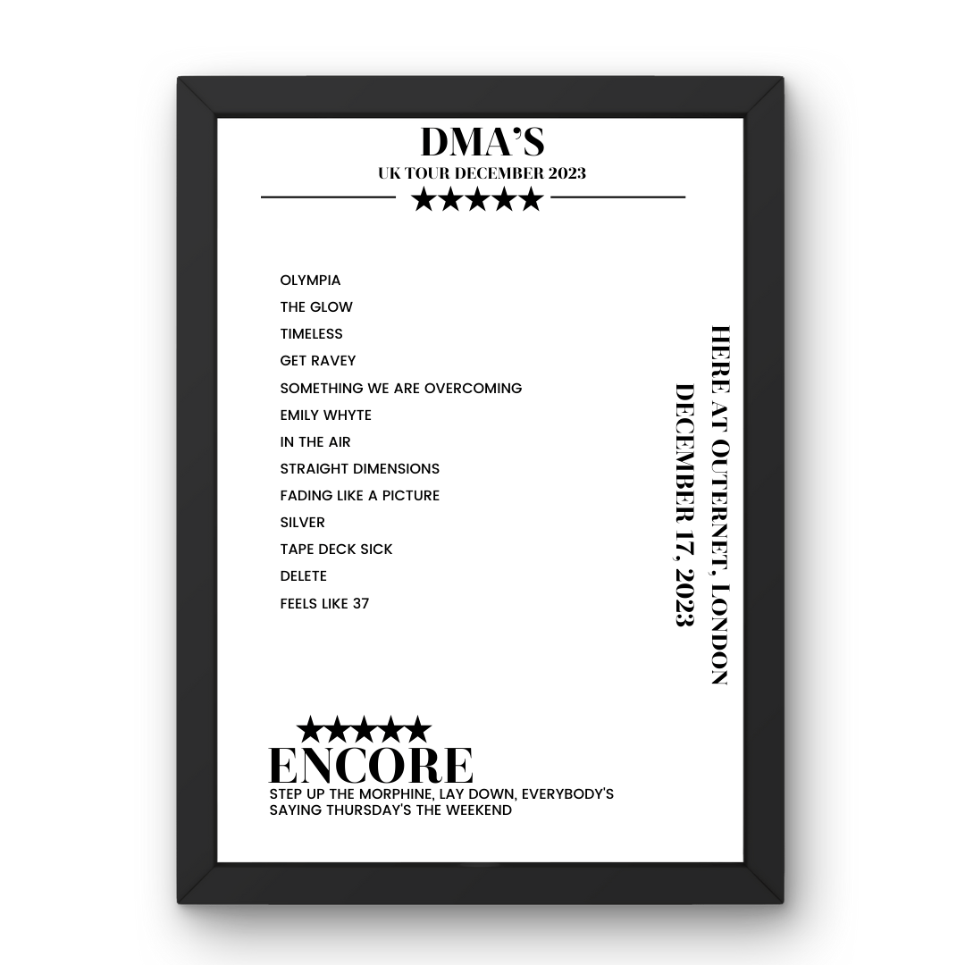 DMA’s December 17, 2023 HERE at Outernet London Setlist Poster - Setlist