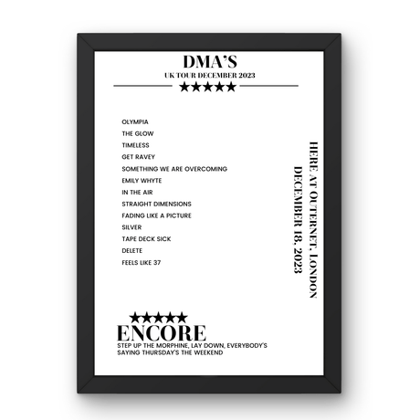 DMA’s December 18, 2023 HERE at Outernet London Setlist Poster - Setlist