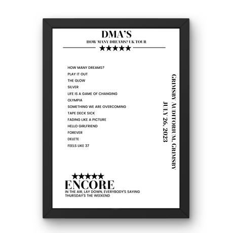 DMA’s July 26, 2023 Grimsby Auditorium Grimsby Setlist Poster - Setlist