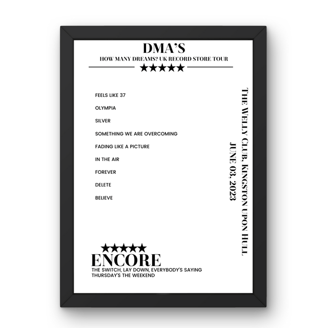 DMA’s June 03, 2023 The Welly Club Kingston upon Hull Setlist Poster - Setlist