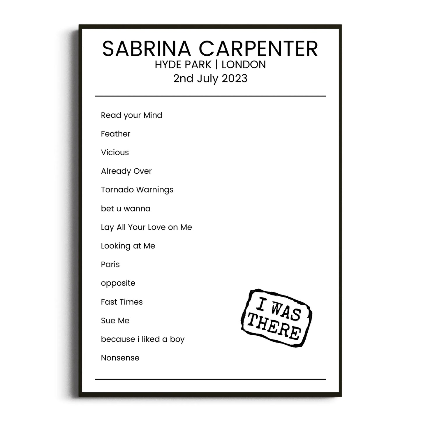 Sabrina Carpenter London 02 July 2023 Setlist Poster