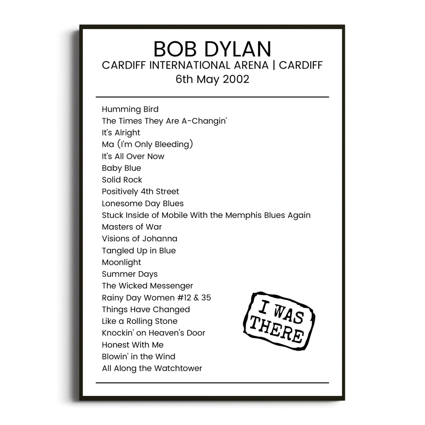 Bob Dylan Cardiff 06 May 2002 Setlist Poster