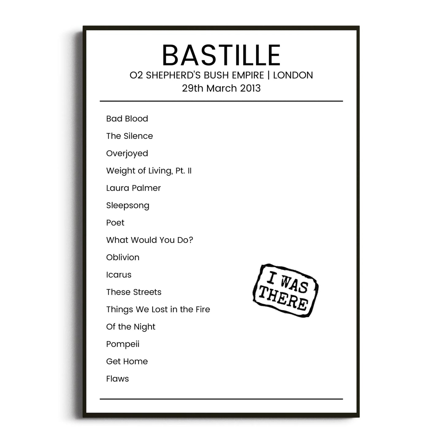 Bastille London 29 March 2013 Setlist Poster