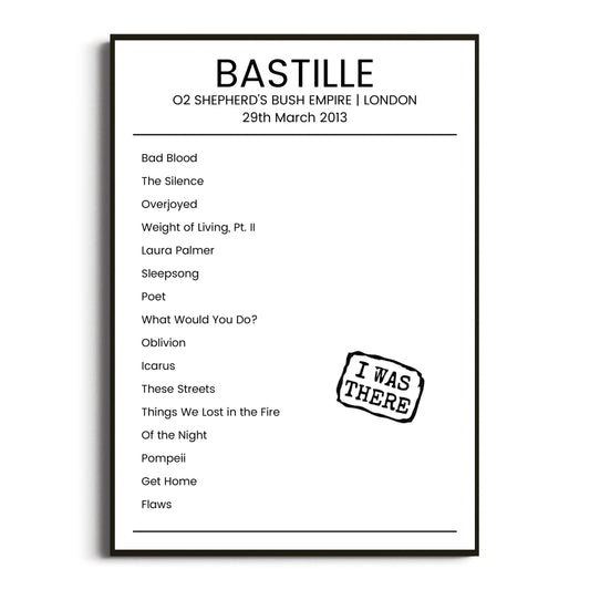 Bastille London 29 March 2013 Setlist Poster