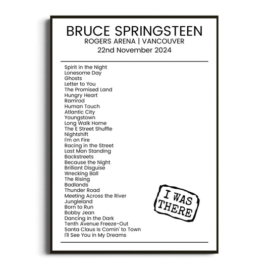 Bruce Springsteen Vancouver 22 November 2024 Setlist Poster