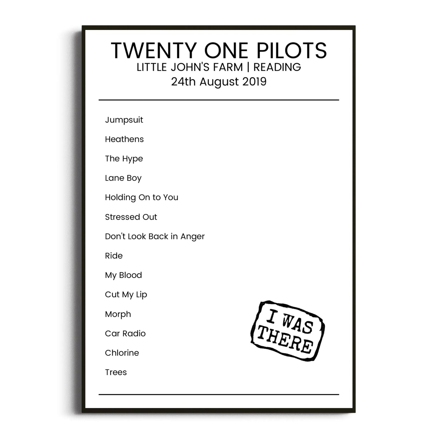 Twenty One Pilots Reading 24 August 2019 Setlist Poster