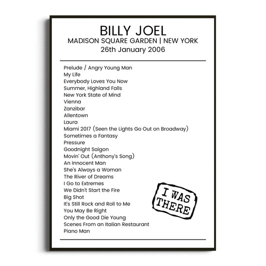 Billy Joel New York 26 January 2006 Setlist Poster