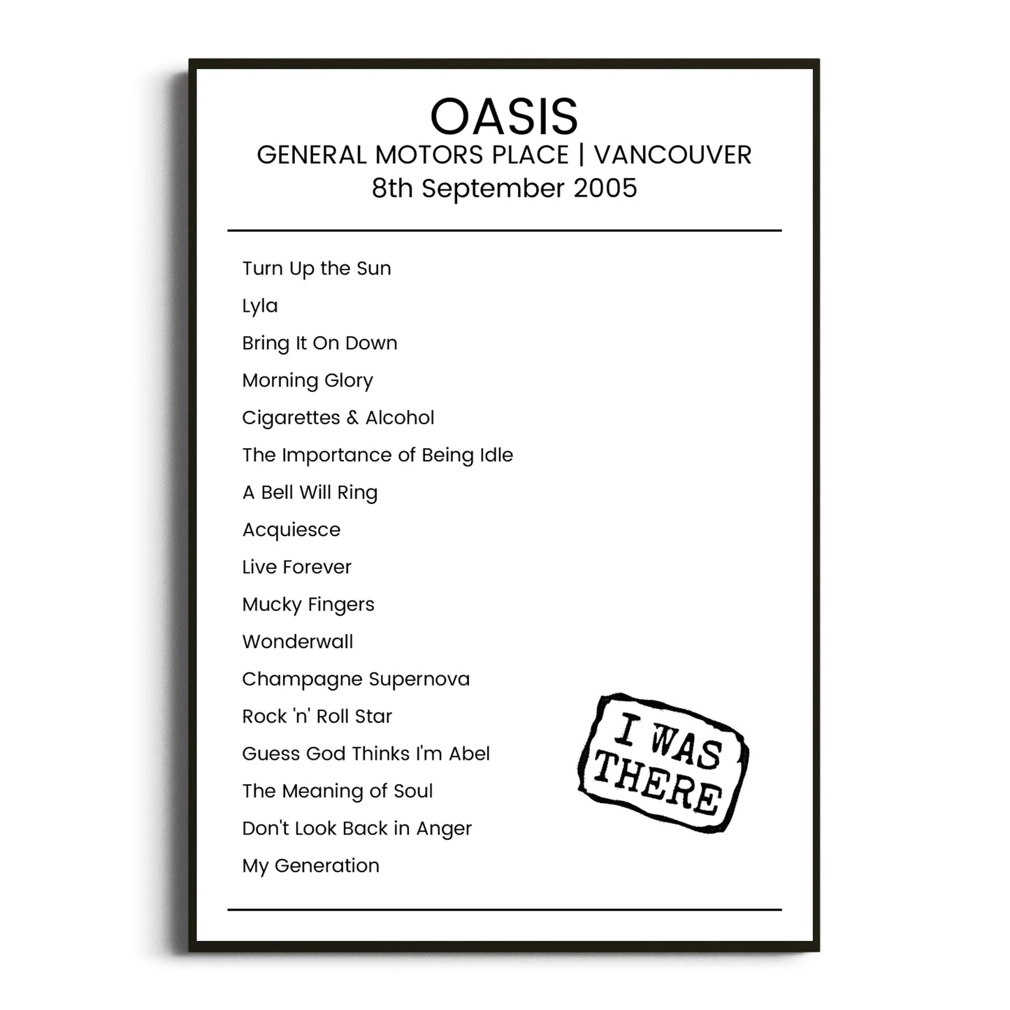 Oasis Vancouver 08 September 2005 Setlist Poster