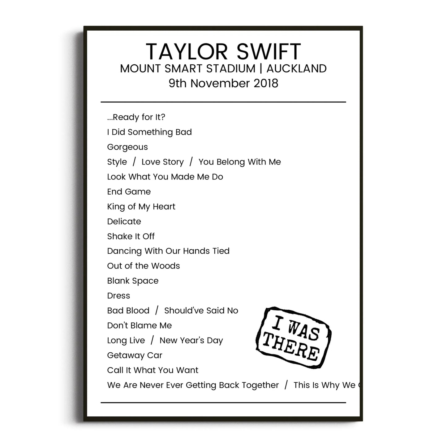 Taylor Swift Auckland 09 November 2018 Setlist Poster