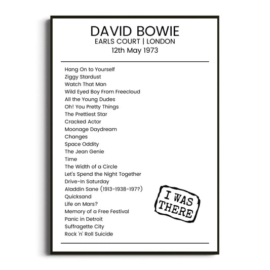 David Bowie London 12 May 1973 Setlist Poster