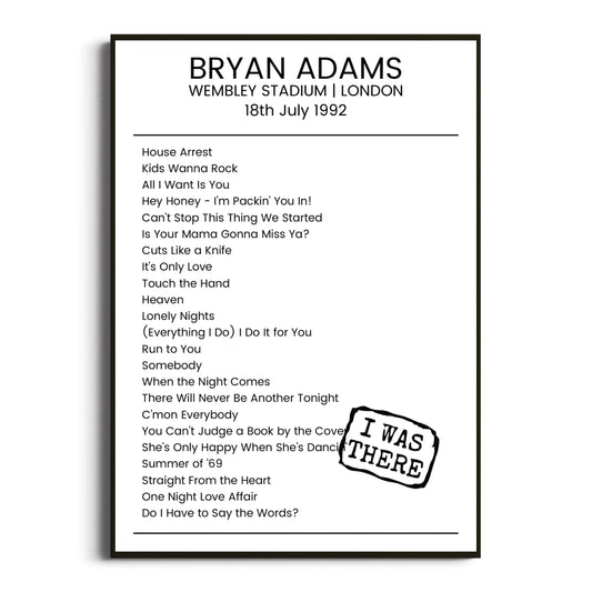 Bryan Adams London 18 July 1992 Setlist Poster