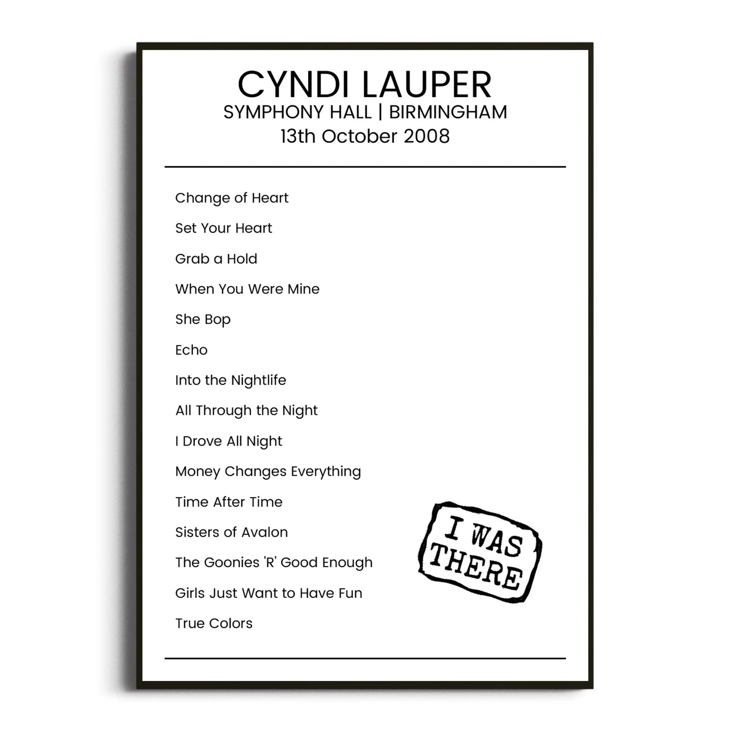 Cyndi Lauper Birmingham 13 October 2008 Setlist Poster