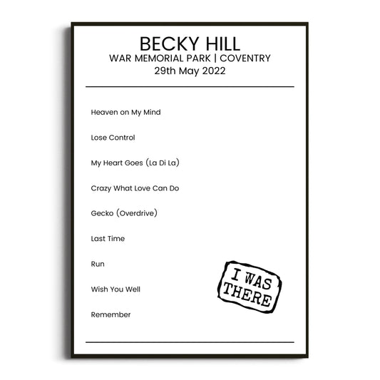 Becky Hill Coventry 29 May 2022 Setlist Poster