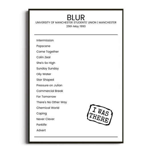 Blur Manchester 29 May 1993 Setlist Poster