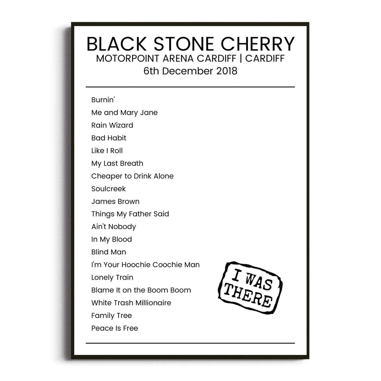 Black Stone Cherry Cardiff 06 December 2018 Setlist Poster