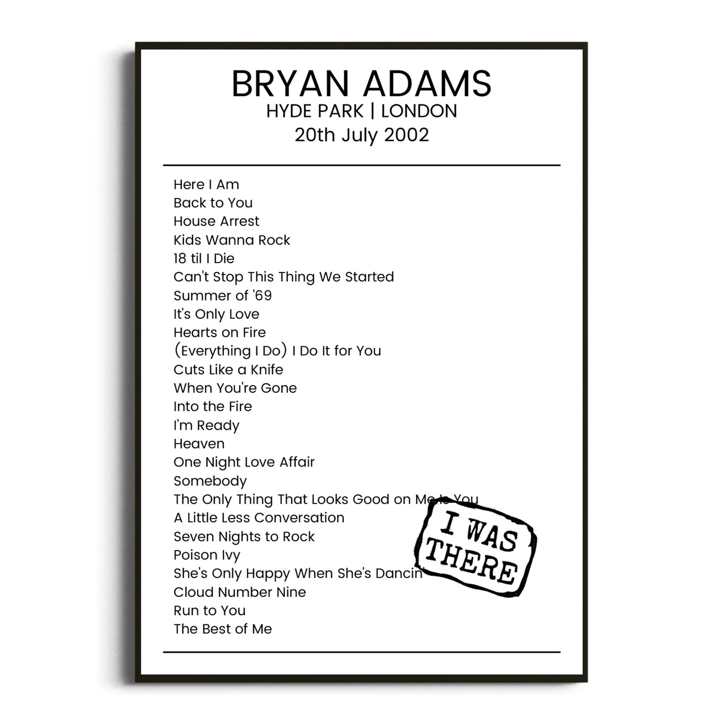 Bryan Adams London 20 July 2002 Setlist Poster