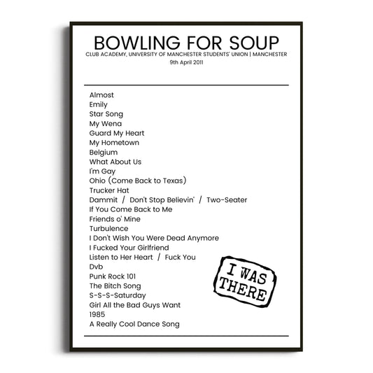 Bowling for Soup Manchester 09 April 2011 Setlist Poster