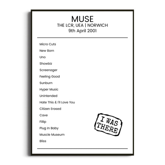 Muse Norwich 09 April 2001 Setlist Poster