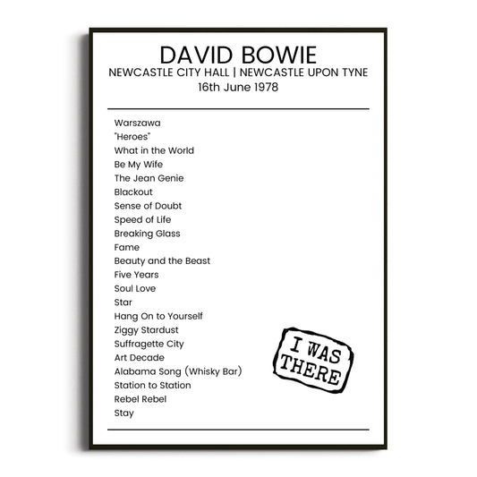 David Bowie Newcastle upon Tyne 16 June 1978 Setlist Poster