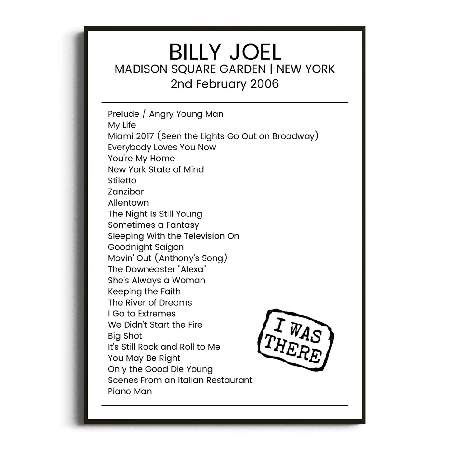 Billy Joel New York 02 February 2006 Setlist Poster