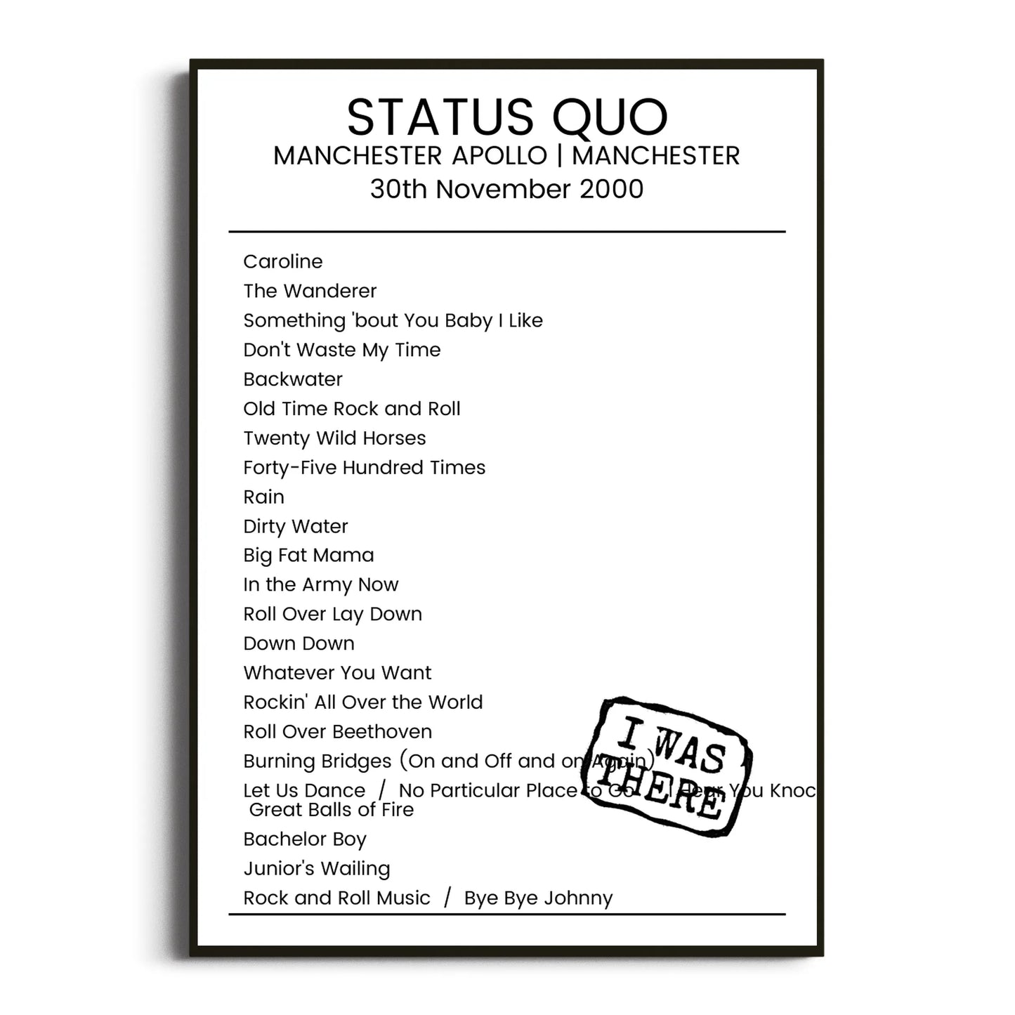 Status Quo Manchester 30 November 2000 Setlist Poster