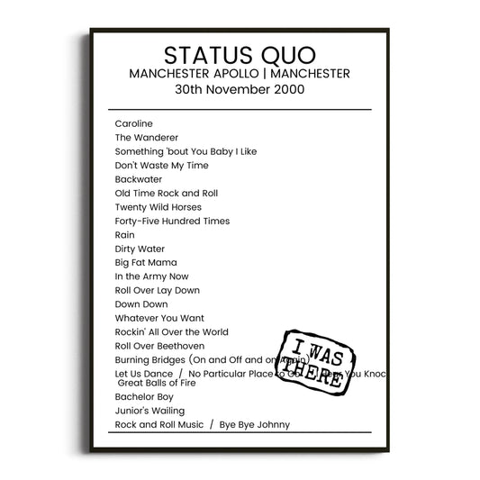 Status Quo Manchester 30 November 2000 Setlist Poster