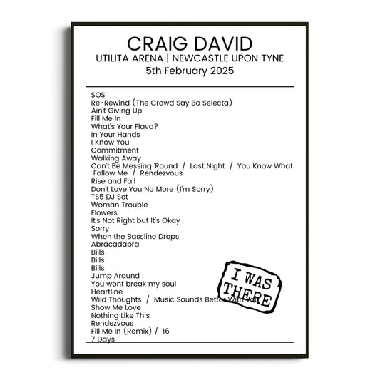 Craig David Newcastle upon Tyne 05 February 2025 Setlist Poster