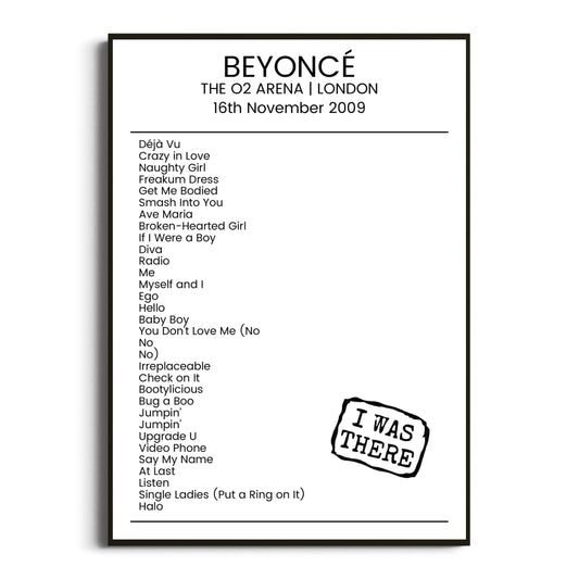 Beyoncé London 16 November 2009 Setlist Poster