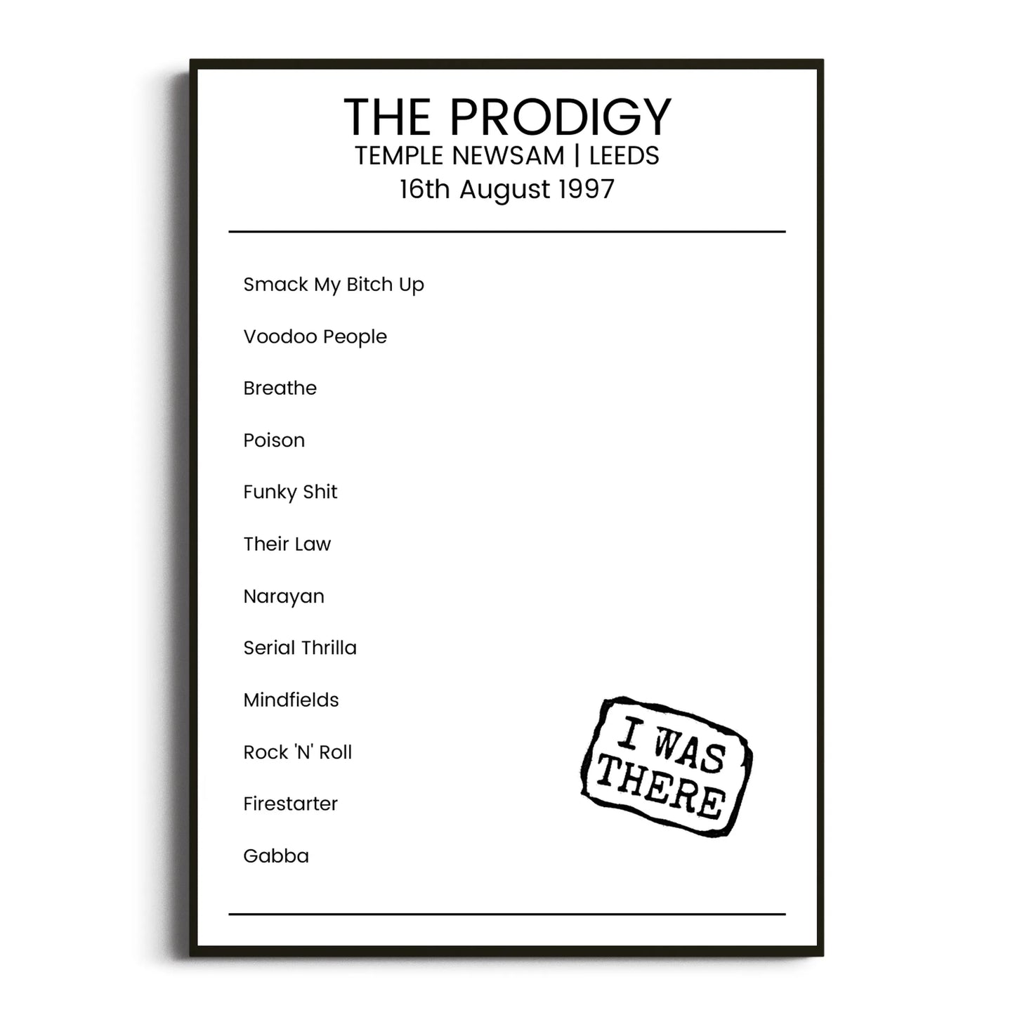 The Prodigy Leeds 16 August 1997 Setlist Poster