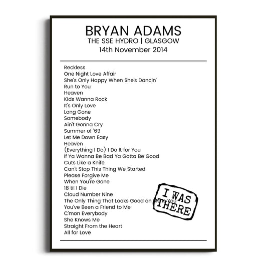 Bryan Adams Glasgow 14 November 2014 Setlist Poster