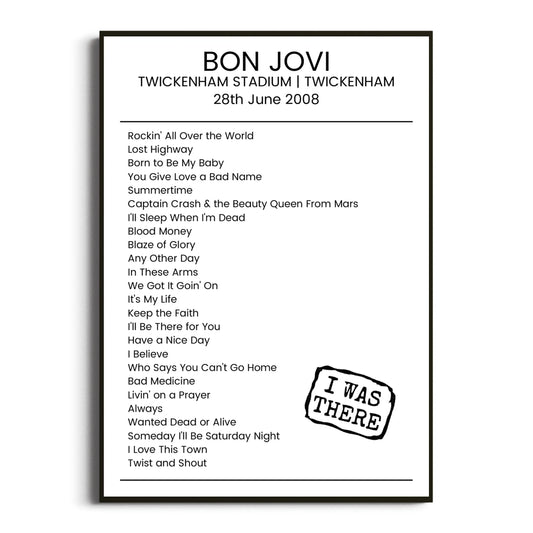 Bon Jovi Twickenham 28 June 2008 Setlist Poster