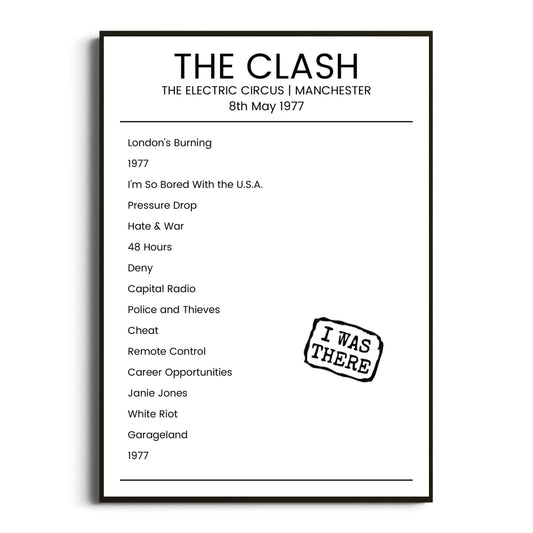 The Clash Manchester 08 May 1977 Setlist Poster