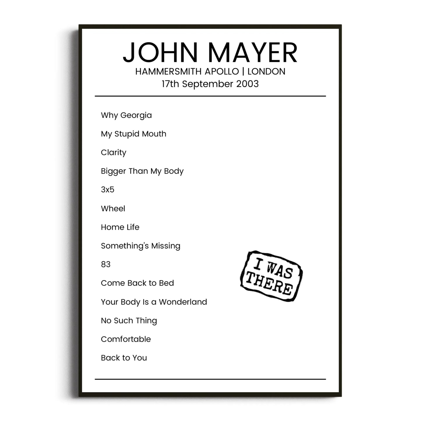 John Mayer London 17 September 2003 Setlist Poster