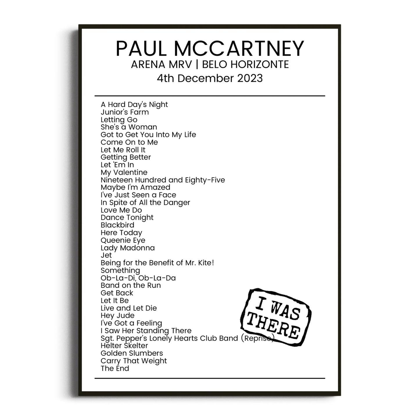 Paul McCartney Belo Horizonte 04 December 2023 Setlist Poster